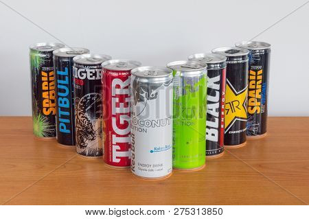 Pruszcz Gdanski, Poland - December 22, 2018: View Of Cans Of Energy Drinks. Cans Of Popular Global E