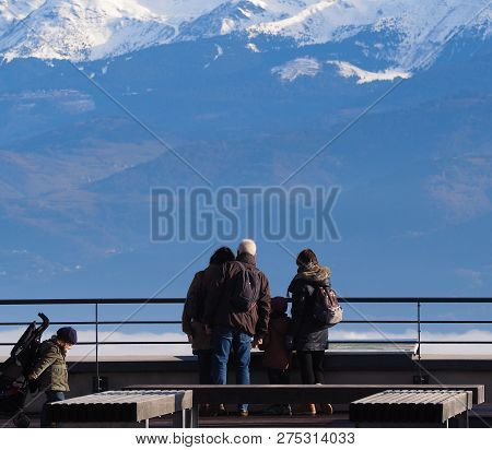 Grenoble, France - December 23, 2018: Photography Of Some People Admiring The View From La Bastille 