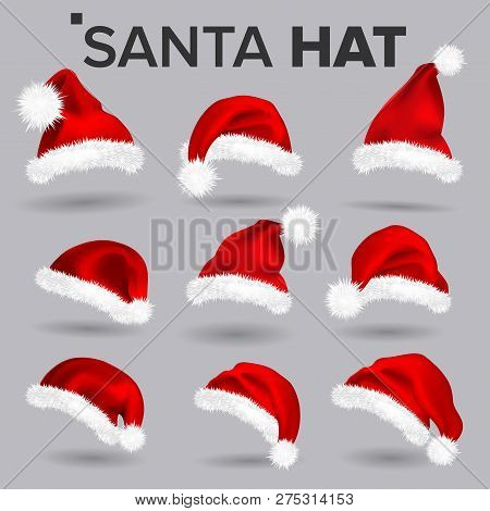 Santa Hat Set Vector. Santa Claus Holiday Red And White Cap Colllection. Winter Christmas Design. Is