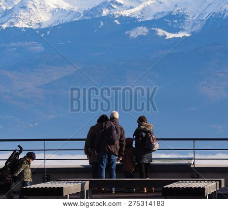 Grenoble, France - December 23, 2018: Photography Of Some People Admiring The View From La Bastille 