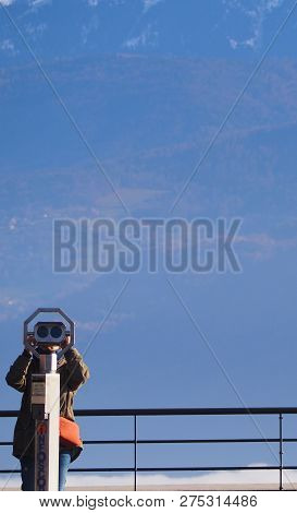 Grenoble, France - December 23, 2018: Photography Of Some People Admiring The View From La Bastille 