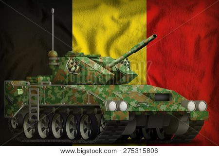 Light Tank Apc With Summer Camouflage On The Belgium Flag Background. 3d Illustration