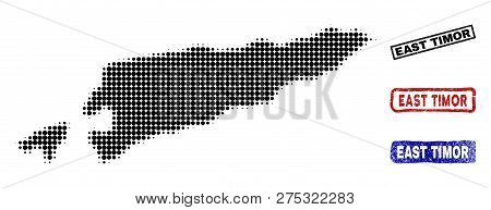 Halftone Dot Vector Abstracted East Timor Map And Isolated Black, Red, Blue Textured Stamp Seals. Ea