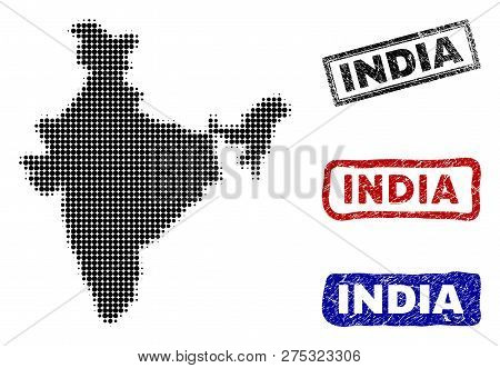 Halftone Vector Dot Abstract India Map And Isolated Black, Red, Blue Damaged Stamp Seals. India Map 