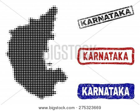 Halftone Vector Dot Abstract Karnataka State Map And Isolated Black, Red, Blue Rubber-style Stamp Se