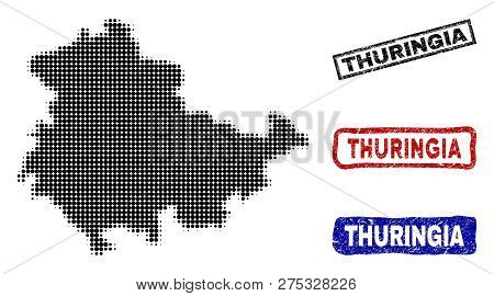 Halftone Dot Vector Abstracted Thuringia State Map And Isolated Black, Red, Blue Damaged Stamp Seals