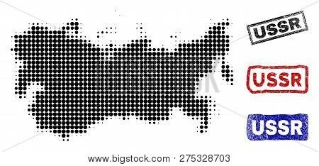 Halftone Vector Dot Abstracted Ussr Map And Isolated Black, Red, Blue Rubber-style Stamp Seals. Ussr
