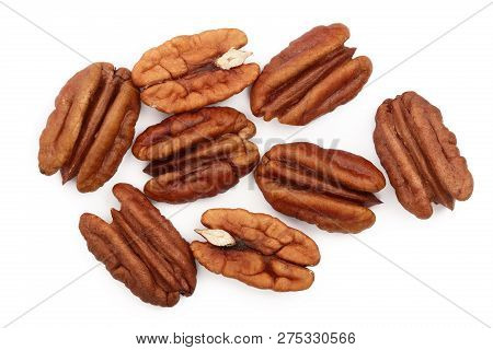 Pecan Nut Isolated On White Background. Top View. Flat Lay