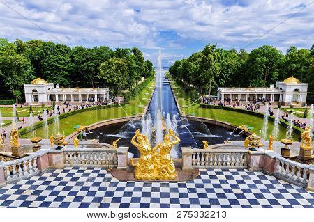 Russia, Peterhof-16 June 2015:the Grand Cascade Fountain At Peterhof Unesco World Heritage