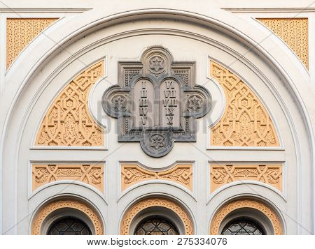 Picturesque And Ornamental Detail Of Facade Of Spanish Synagogue In Josefov, Prague, Czech Republic