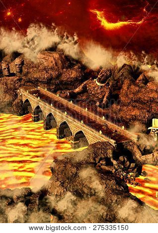 A Hellish Scene With An Infernal And Apocalyptical Place Full Of Lava. 3d Illustration.