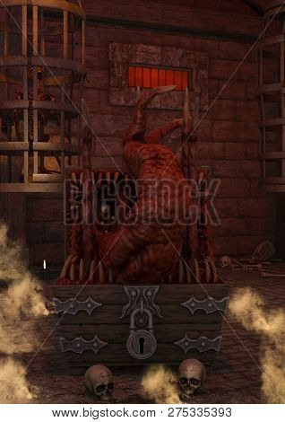A Scene Of Fantasy, Dark Dungeon With A Vault With A Creepy Monster Full Of Eyes And A Flesh Tentacl
