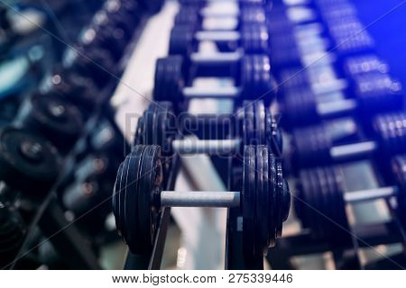 Many Dumbbells Are At Stand At The Modern Sport Gym. View Of Rows Of Dumbbells On A Rack In A Gym.
