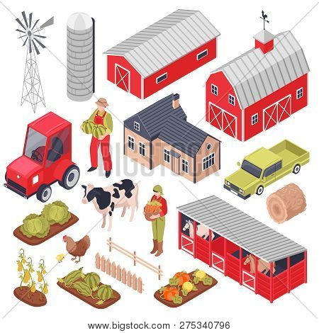 Isometric Set With Farm Buildings Equipment Domestic Animals And Plants Isolated On White Background