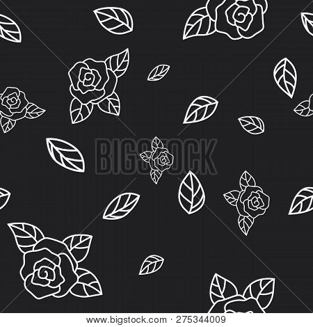 Seamless Pattern In Monochrome Colors With Stylized Roses And Leaves