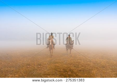 Kolkata, West Bengal, India - Hanuary 21st 2018 : Two Mounted Police Coming Out Of On Their Horses, 