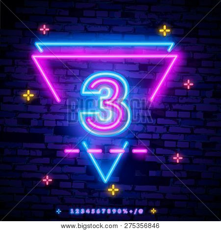 Number Three Symbol Neon Sign Vector. Third, Number Three Template Neon Icon, Light Banner, Neon Sig