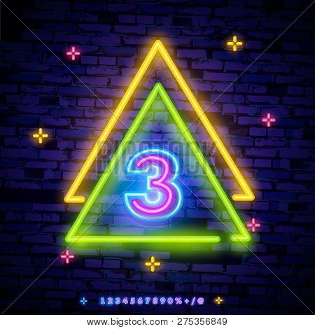 Number Three Symbol Neon Sign Vector. Third, Number Three Template Neon Icon, Light Banner, Neon Sig