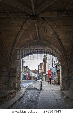 York, England - April 2018: Thoroughfare Under Monk Bar, Main Gatehouses Or Bars Of York City Walls,