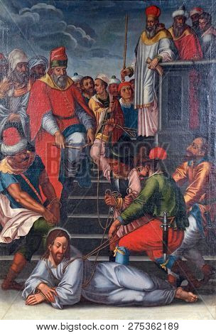 WURZBURG, GERMANY - JULY O4, 2018: The Passion of Jesus, painting in the Neumunster Collegiate Church in Wurzburg, Germany
