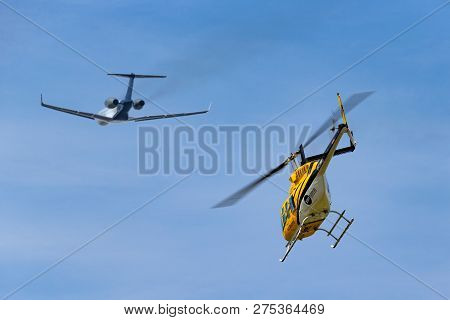 Farnborough, Uk - July 18, 2014: Elite Helicopters Bell 206l-1 Longranger Ii G-limo Helicopter Takin