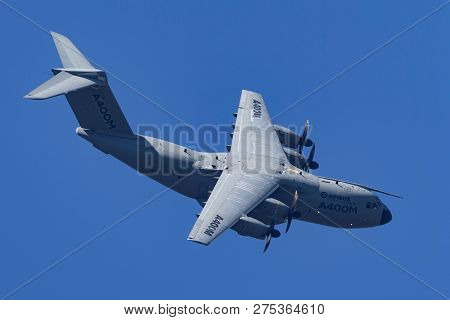 Farnborough, Uk - July 19, 2014: Airbus Defence And Space A400m Military Cargo Aircraft F-wwms.