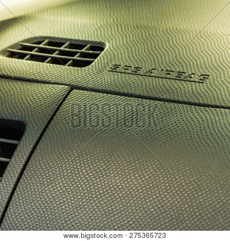 Closeup Symbol Of Srs Airbag With Black Textured Pvc. Copy Space For Your Text. Square Sunny Image F