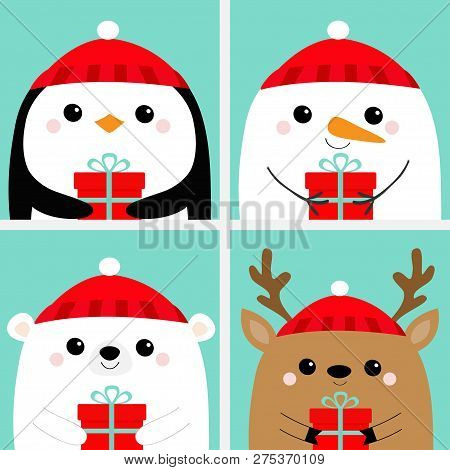 White Bear Snowman Raindeer Deer Penguin Bird Face Head Icon Set. Holding Gift Box. Merry Christmas.