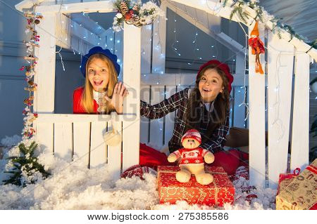 New Year Surprise. Happy Children Sit In House With Xmas Decoration. Little Children With Toy And Ch