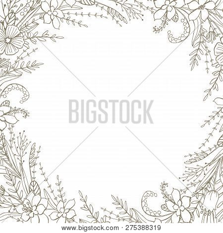 Round Frame With Flowers And Herbs In Neutral Color