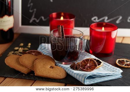 Swedish Glogg, the mulled wine, and pepparkaka, traditional gingerbread during Christmas Eve