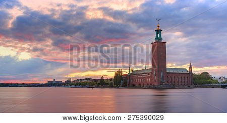 Panorama Of Stockholm City Hall Or Stadshuset At Sunset In The Old Town In Stockholm, Capital Of Swe