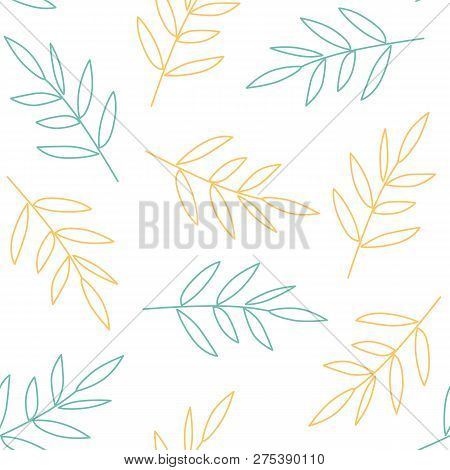 Vector Illustration Of Leaves Pattern. Floral Organic Background. Hand Drawn Leaf Texture On White B