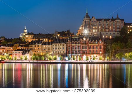 Sodermalm Waterfront In The Old Town At Night In Stockholm , Capital Of Sweden