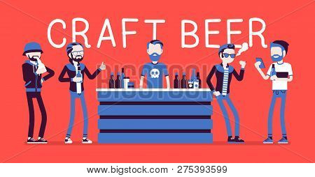 Craft Beer Store Bar Male Visitors. Men Gathering In A Bottle Shop To Relax, Buy And Enjoy Drink, Gu