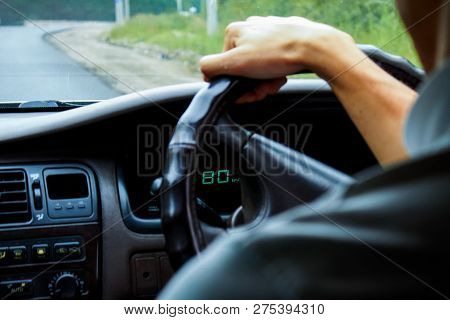Steering Wheel Speed 80 Km H Hand Closeup