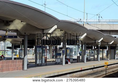 Platform and train view on Oslo central station. Oslo Central Station (Sentralstasjon) is main railway station in Oslo. June 17. 2018. Oslo,Norway