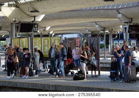 Platform and train view on Oslo central station. Oslo Central Station (Sentralstasjon) is main railway station in Oslo. June 17. 2018. Oslo,Norway
