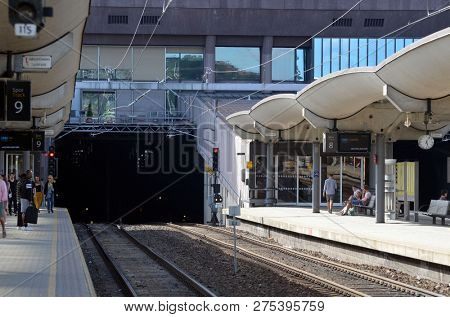 Platform and train view on Oslo central station. Oslo Central Station (Sentralstasjon) is main railway station in Oslo. June 17. 2018. Oslo,Norway