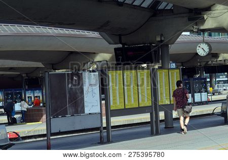 Platform and train view on Oslo central station. Oslo Central Station (Sentralstasjon) is main railway station in Oslo. June 17. 2018. Oslo,Norway