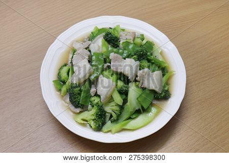 Stir Fried Broccoli, Peas With Crispy Pork With Oyster Sauce, Fried Vegetable Broccoli For Food Menu