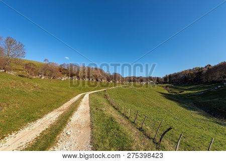 Country Road With Green Meadow For Grazing And Karst Rock Formations In The Regional Natural Park Of