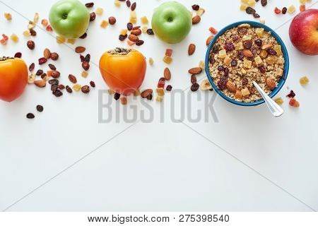 Reduce Callories. Top View Of Muesli Bowl With Fresh Fruits.