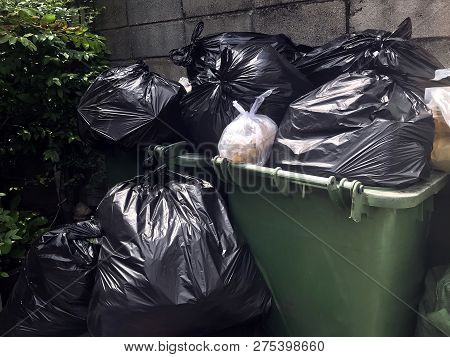 Garbage Is Pile Lots Dump, Many Garbage Plastic Bags Black Waste At Walkway Community Village, Pollu
