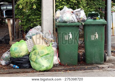 Bin, Garbage Is Pile Lots Dump, Many Garbage Plastic Bags Black Waste At Walkway Community Village,
