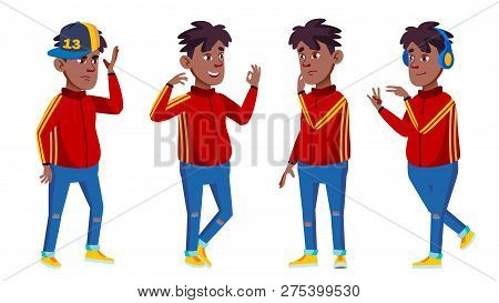 Boy Poses Set Vector. Black. Afro American. School Student. Headphones. Expression, Happy Childhood,