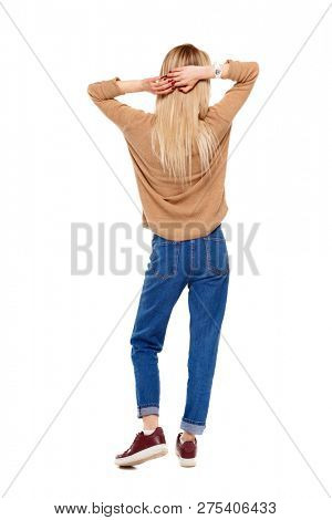 Back view of a woman standing. girl watching. Rear view people collection.  backside view of person. Isolated over white background. The blonde relaxes throwing her hands behind her head