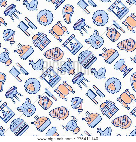 Butcher Shop Seamless Pattern With Thin Line Icons: Meat Steak, Beef, Pork, Mutton, Bbq, Chicken, Bu