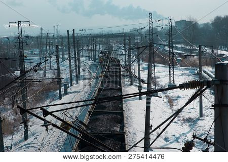 Rail Cars Loaded With Coal Transported From Nearby Mines To Power Plants In Winter