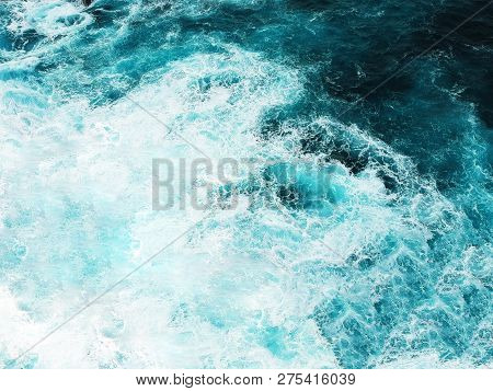 Seething Mediterranean Sea Water, Top View In The Open Sea, Rough Sea Texture